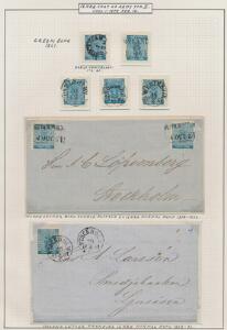 1858. 12 Öre, grönakt blå. Udstillings-planche med 5 smukke mærker og 2 pæne breve.