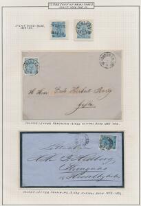 1858. 12 Öre, lyseblå. Udstillings-planche med 2 smukke enkeltmærker og 2 pæne breve.