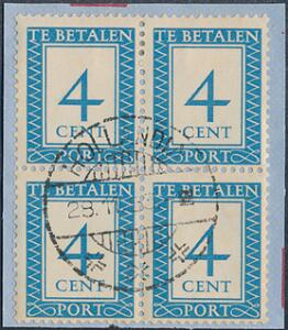 Hollandsk New Guinea. Porto. 1953. 4 cent, blå. Stemplet 4-BLOK på lille klip. Sjælden. Kun 730 mærker blev brugt af dette mærke