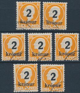 1926. Provisorium, 2 kr25 aur, orange. 7 pæne stemplede mærker. Facit 8400