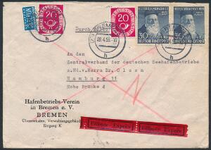 Bund. 1953. God frankering på Expres-brev til Hamburg, stemplet i BREMEN 28.4.53.