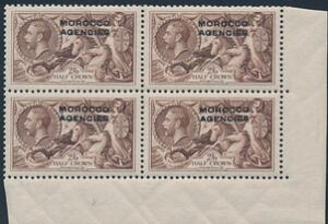 Morocco Agencies. 1914. Søheste. 26 Sh. brun. Postfrisk nedre MARGINAL 4-BLOK. SG £ 168
