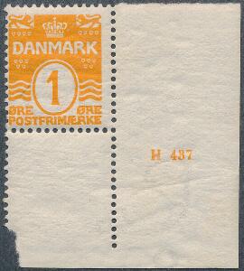 1905. Bølgel. 1 øre. Postfriskt enkeltmærke med lille oplagsnummer H 437. Sjældent