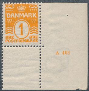 1905. Bølgel. 1 øre. Postfriskt enkeltmærke med lille oplagsnummer A 408. Sjældent