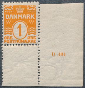 1905. Bølgel. 1 øre. Postfriskt enkeltmærke med lille oplagsnummer D 404. Sjældent