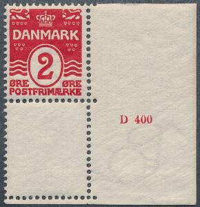 1905. Bølgel. 2 øre. Postfriskt enkeltmærke med lille oplagsnummer D 400. Sjældent