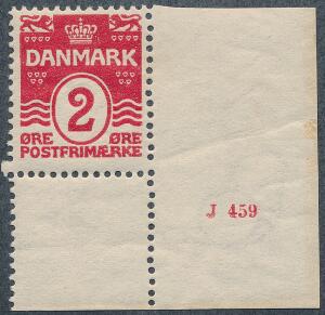 1905. Bølgel. 2 øre. Postfriskt enkeltmærke med lille oplagsnummer J 459. Sjældent