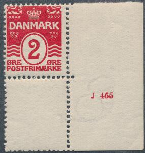 1905. Bølgel. 2 øre. Postfriskt enkeltmærke med lille oplagsnummer J 465. Sjældent