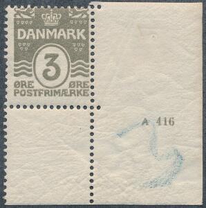1905. Bølgel. 3 øre. Postfriskt enkeltmærke med lille oplagsnummer A 416. Sjældent