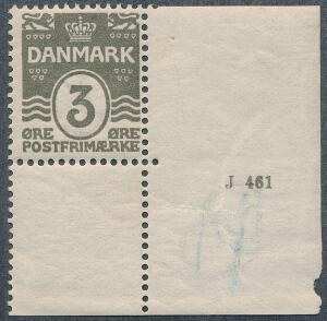 1905. Bølgel. 3 øre. Postfriskt enkeltmærke med lille oplagsnummer J 461. Sjældent