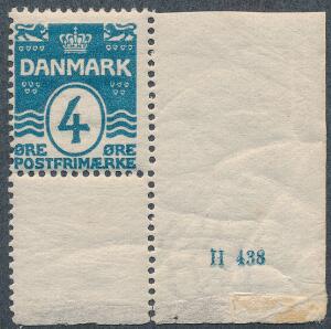 1905. Bølgel. 4 øre. Postfriskt enkeltmærke med lille oplagsnummer H 438. Sjældent