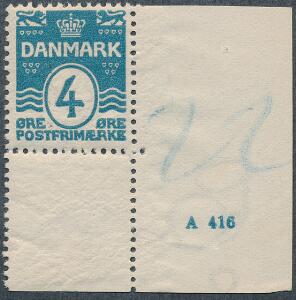 1905. Bølgel. 4 øre. Postfriskt enkeltmærke med lille oplagsnummer A 416. Sjældent