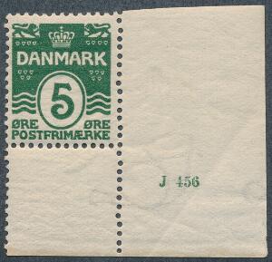 1912. Bølgel. 5 øre. Postfriskt enkeltmærke med lille oplagsnummer J 456. Sjældent