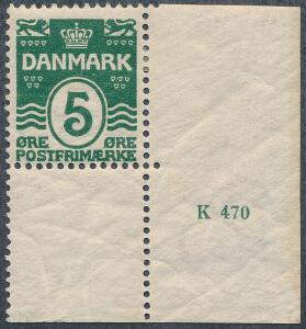 1912. Bølgel. 5 øre. Postfriskt enkeltmærke med lille oplagsnummer K 470. Sjældent