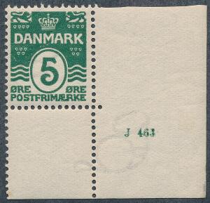1912. Bølgel. 5 øre. Postfriskt enkeltmærke med lille oplagsnummer J 463. Sjældent
