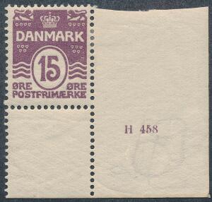 1905. Bølgel. 15 øre. Postfriskt enkeltmærke med lille oplagsnummer H 458. Sjældent