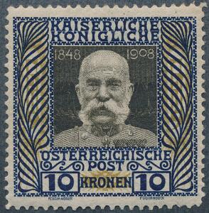 Østrig. 1908. Franz Joseph, 10 Kr. flerfarvet. Postfrisk