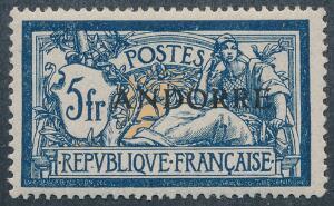 Andorra. 1931. 5 Fr. blå. Flot postfriskt eksemplar