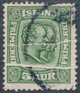 1914. Dobbelthoveder, 5 aur, grøn, tk.14. Interessant mærke med flere parpirfolder HARMONIKA