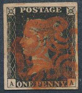 England. 1840. One penny, black. A-A. Et meget smukt, bredrandet mærke.