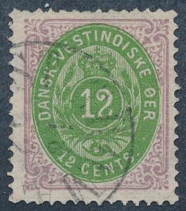 1877. 12 cents, lillagrøn. Variant 2-TAL UDEN FODSTREG. Pænt stemplet eksemplar. En anelse afkortet tak i nord. AFA 3000