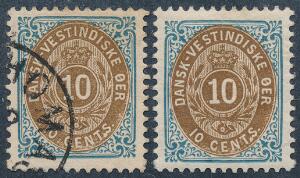 1901. 10 cents, blåbrun. Tk.12. Stemplet og ubrugt mærke begge med variant PUNKT MELLEM T.S. AFA 2450