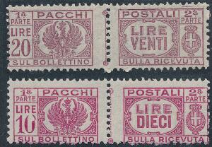 Italien. 1946. Pakkepost. 10 Lire, rødlilla og 20 Lire, rødbrun. Ubrugt. AFA 1950