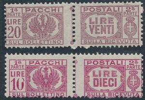 Italien. 1946. Pakkepost. 10 Lire, rødlilla og 20 Lire, rødbrun. Ubrugt. AFA 1950