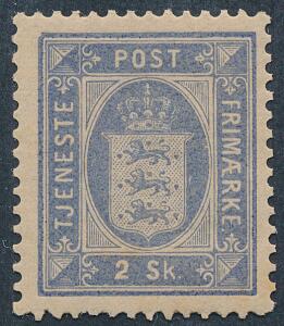 1871. 2 skilling, blå. Pænt ubrugt mærke, let hængslet. AFA 1600