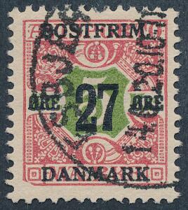 1918. 27 øre5 kr. rødgrøn. Variant AFSKÅRET HJØRNE. Ægte stemplet. AFA 550