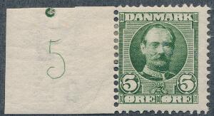 1907. Fr. VIII, 5 øre. Postfriskt enkeltmærke med lille oplagsnummer 5. Sjældent