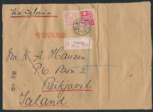 Japan. 1928. 8 sen og 30 sen på REC-brev fra Tokio, via Sibirien til Reykjavik Island. Ankomststempel 19.III.28. Sjælden destination