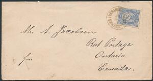 1886. Posthorn 20 øre, blå 20 mm. Single på lille brev fra KIRKENÆS I VARANGER 29.1.1890 til ONTARIO, CANADA