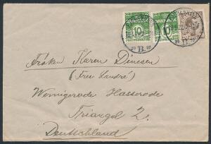 1922. Chr.X. 20 øre, brun og 2 stk. 10 øre,  Bølgelinie, grøn med AUTOMAT-AFSKÆRING på brev.