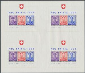 Schweiz. 1936. Pro Patria. Postfrisk blok med 4 miniark.