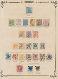 Sverige. 1855-1926. Gammel samling på 7 albumblade med mange bedre mærker. Se foto af alle sider