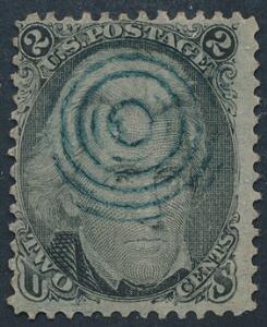 USA. 1861. Andrew Jackson. 2 c. sort. PRAGT-mærke med perfekt BLÅT 5-ringsstempel.