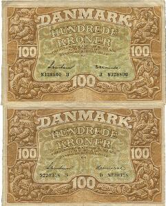 100 kr 1941 B, Svendsen  Hannibal, 1943 B, Svendsen  Strande, Sieg 111, DOP 126, Pick 33, i alt 2 stk.