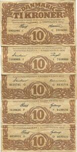 10 kr 1932 C, 1933 D, 1934 F, 1935 G, 1936 I, Sieg 104, i alt 5 stk.