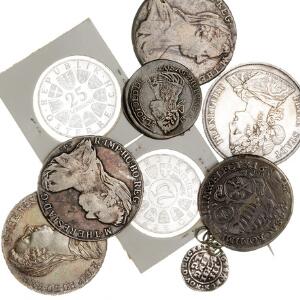Tyskland, Frankfurt, Dobbeltthaler 1866. Maria Theresia-thalere3 5 diverse sølvmønter. I alt 9 stk, heraf 3 monteretm. monteringsspor.