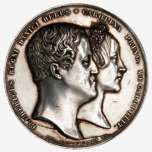 Medaille over brylluppet mellem Kronprins Frederik og Prinsesse Carolina, 10. juni 1841, C. Christensen, F. Krohn og Thorvaldsen, Ag, 44 mm, 46,1 g, Bgs. 172
