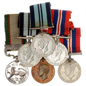 England, George VI, samling af medailler, hvoraf de 5 stk. er med relation til Indien samt 1 stk. for trofast tjeneste, i alt 6 stk. i varierende kvalitet