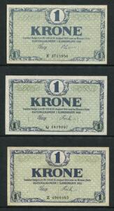 1 kr 1918 E, 1920 Q, 1921 Z, Sieg 117, DOP 112, Pick 12, i alt 3 stk.