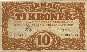 10 kr 1919 F, V. Lange  Hude, Sieg 103, DOP 114, Pick 21