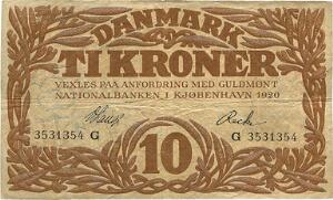 10 kr 1920 G, V. Lange  Recke, Sieg 103, DOP 114, Pick 21