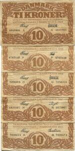 10 kr 1924 K, 1927 M, 1927 M, 1928 O, 1928 P, Sieg 103, DOP 114, Pick 21, i alt 5 stk.