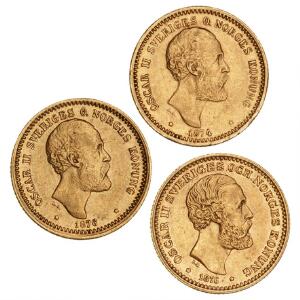 Sverige, Oscar II, 10 kr 1874, 1876, 1876, SM 25, 26, 27, i alt 3 stk.