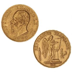 Frankrig, 20 francs 1878, KM 825, F 592. Italien, 20 lire 1865, KM 10, F 11, i alt 2 stk. Au