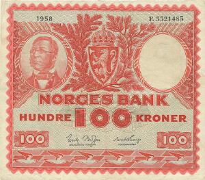 Norge, 100 kr 1958 F, Brofoss  Thorp, NP 44B, Pick 33, nydelig seddel for denne type