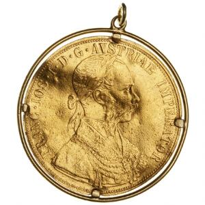 Østrig, Franz Joseph, 1848-1916, 4 Ducat 1915, restrike, F 488, løst monteret i guldsmykke